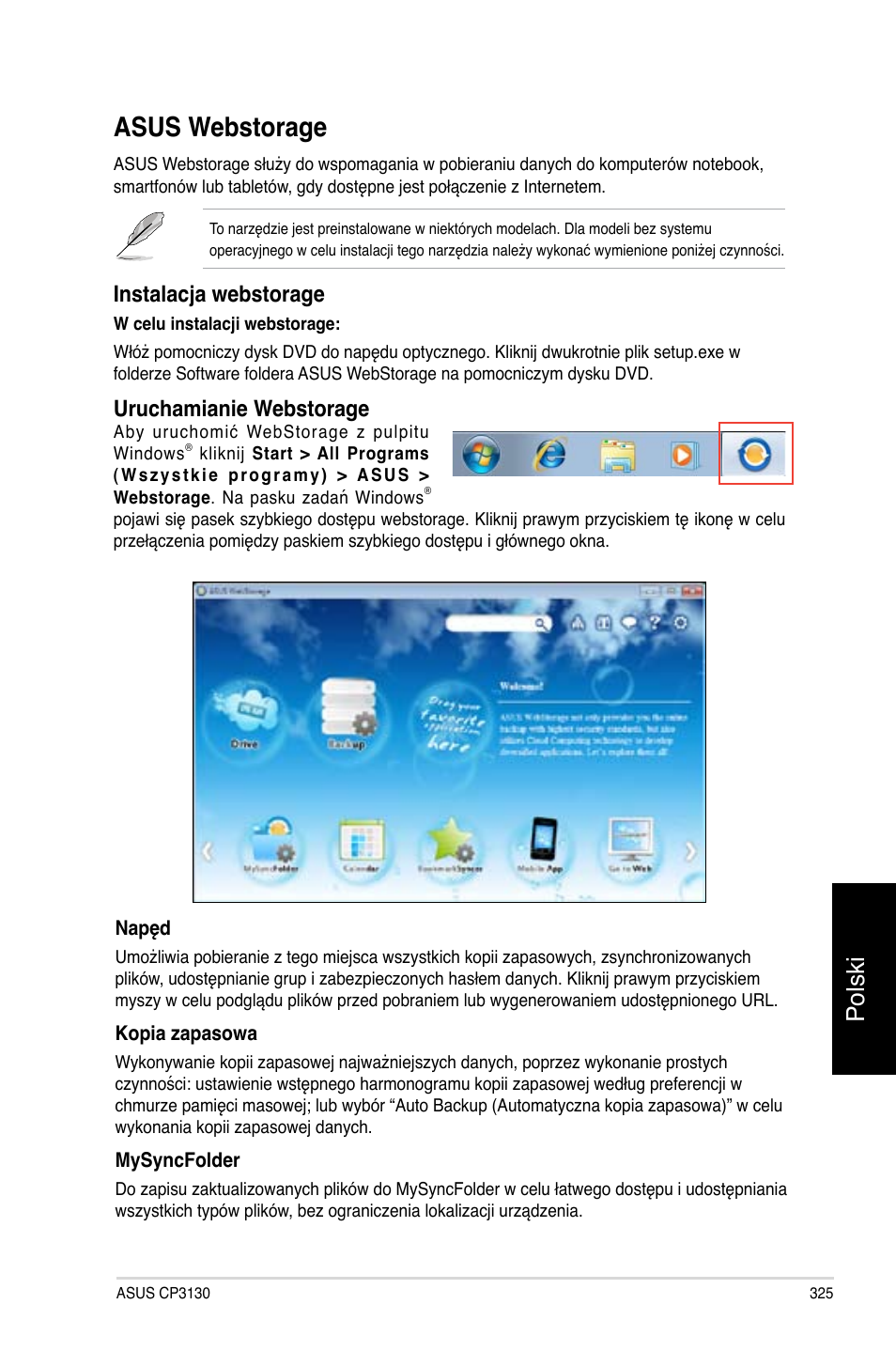 Asus webstorage, Polski, Instalacja webstorage | Uruchamianie webstorage | Asus CP3130 User Manual | Page 327 / 478