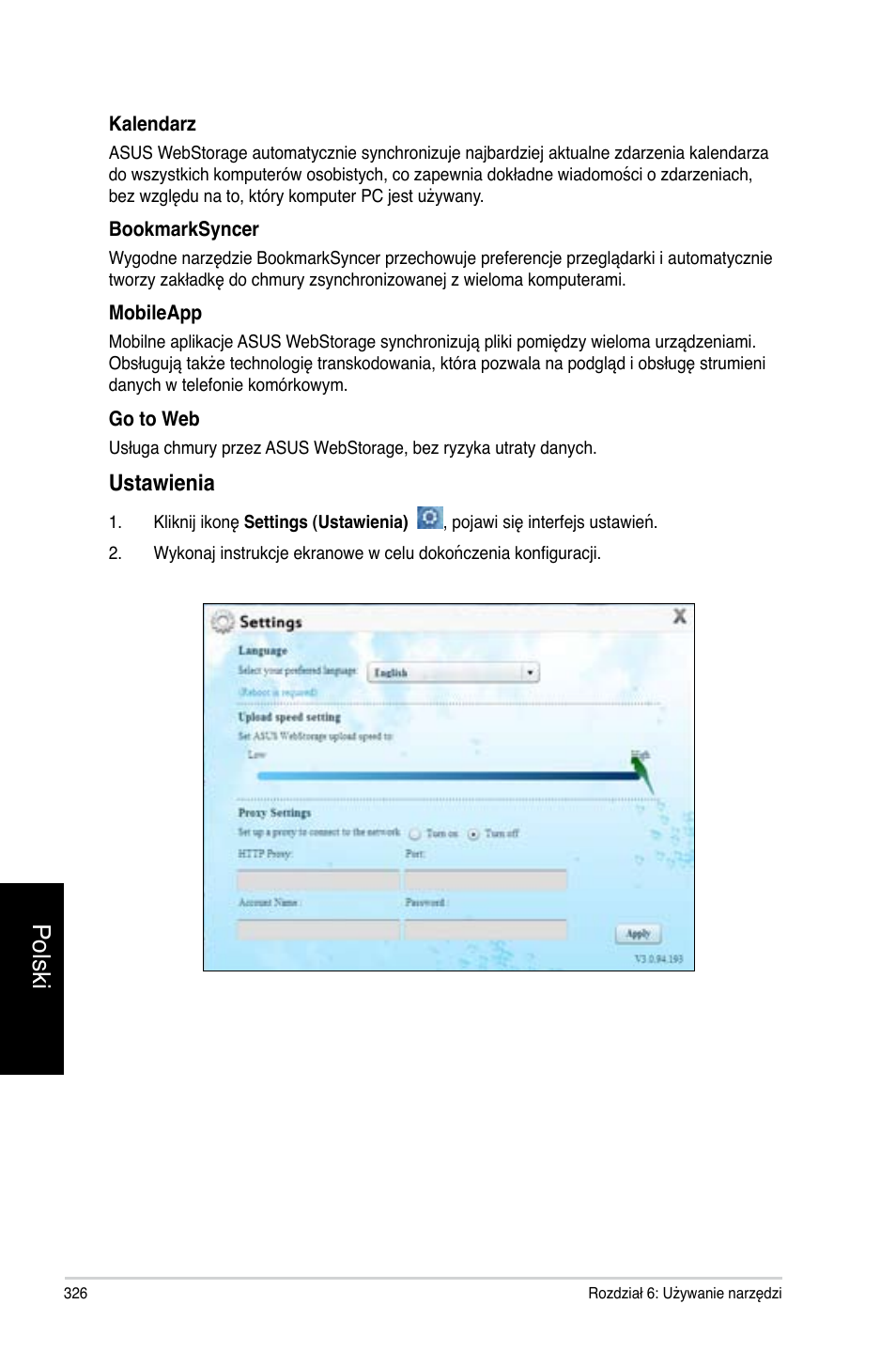 Polski, Ustawienia | Asus CP3130 User Manual | Page 328 / 478