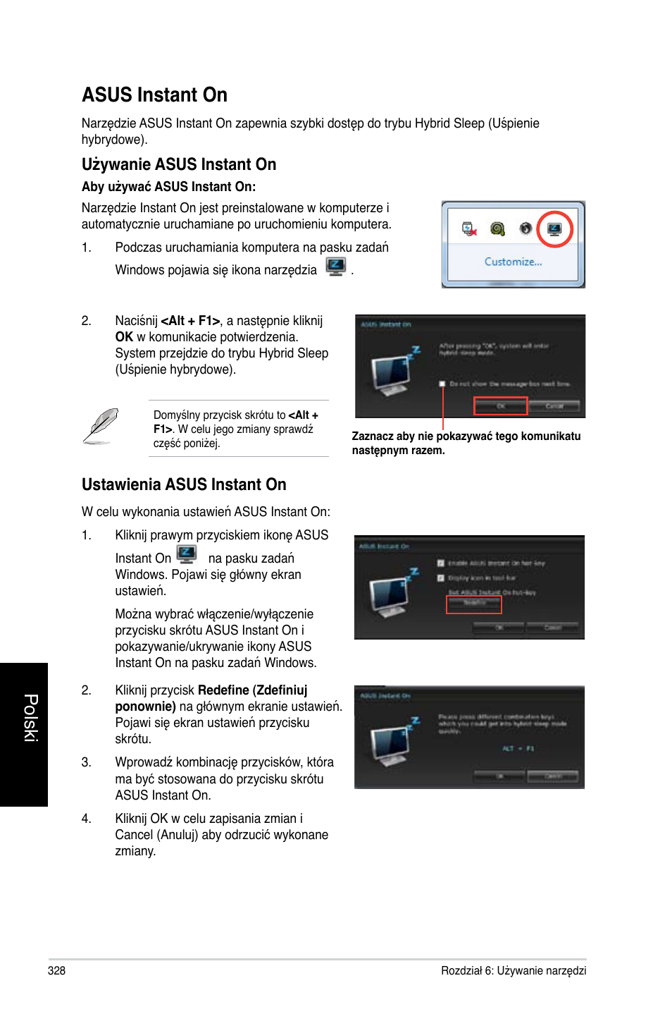 Asus instant on, Polski, Używanie asus instant on | Ustawienia asus instant on | Asus CP3130 User Manual | Page 330 / 478