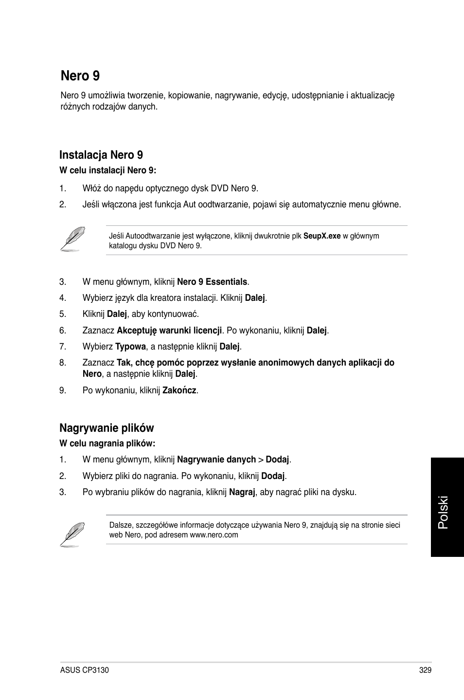 Nero 9, Polski, Instalacja nero 9 | Nagrywanie plików | Asus CP3130 User Manual | Page 331 / 478