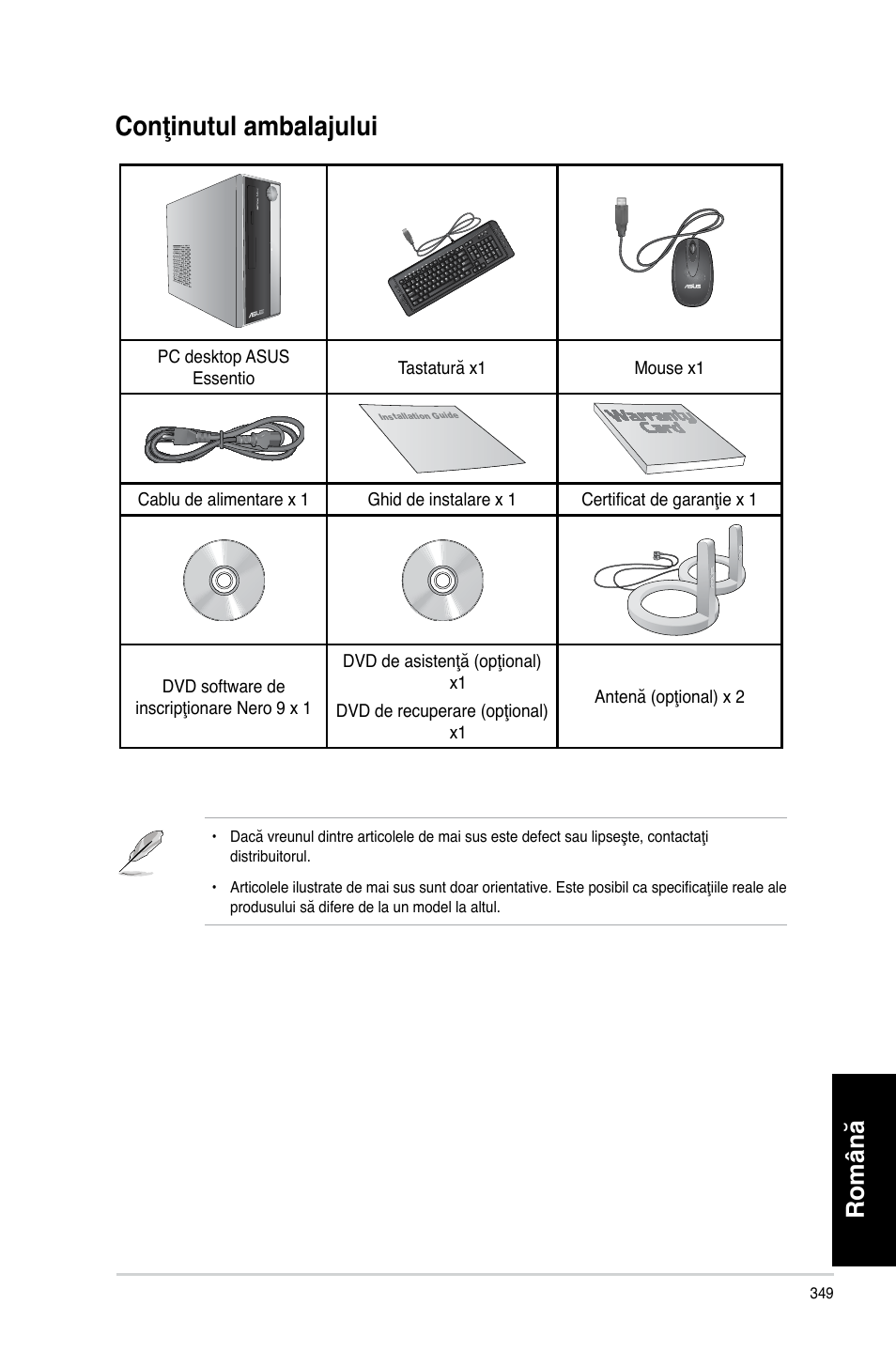 Conţinutul ambalajului, Română | Asus CP3130 User Manual | Page 351 / 478