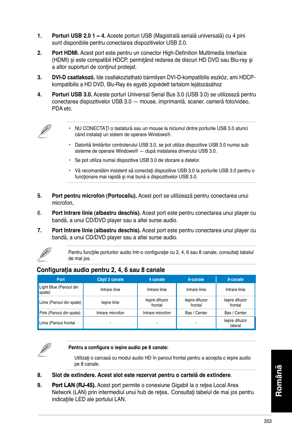 Română, Configuraţia audio pentru 2, 4, 6 sau 8 canale | Asus CP3130 User Manual | Page 355 / 478