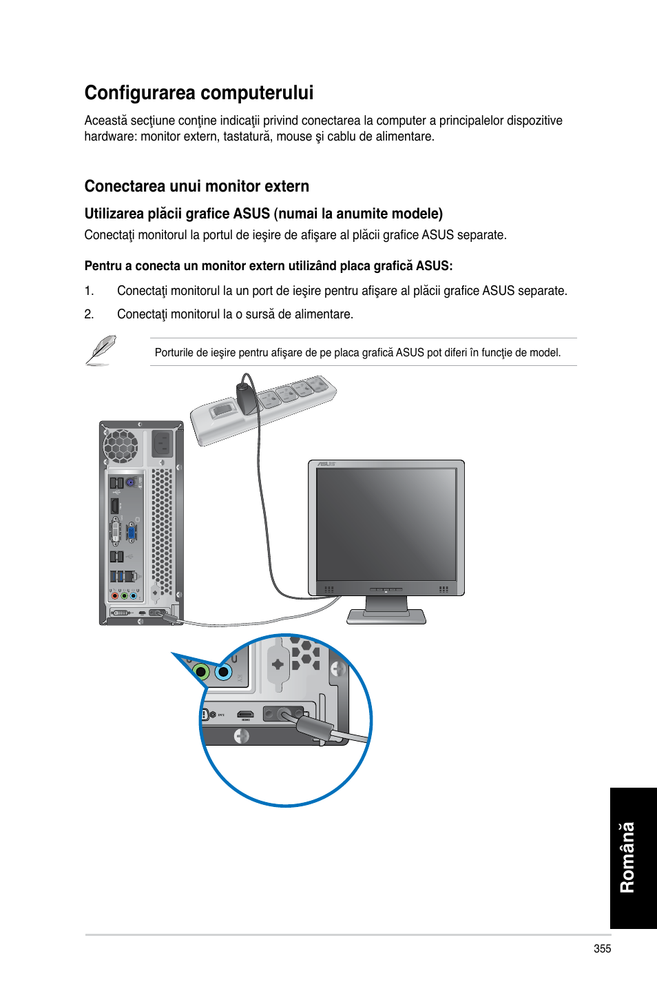 Configurarea computerului, Română, Conectarea unui monitor extern | Asus CP3130 User Manual | Page 357 / 478