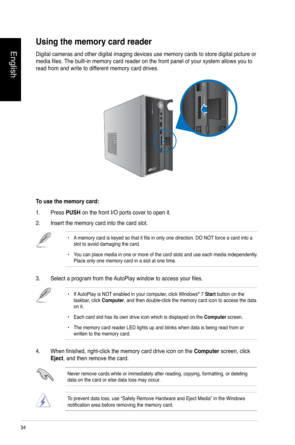 Using the memory card reader, English | Asus CP3130 User Manual | Page 36 / 478