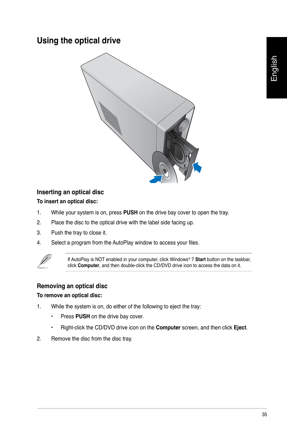 Using the optical drive, English | Asus CP3130 User Manual | Page 37 / 478