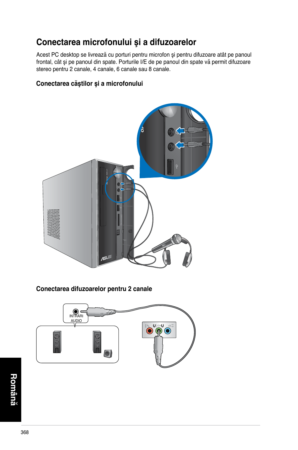 Conectarea microfonului şi a difuzoarelor, Română | Asus CP3130 User Manual | Page 370 / 478