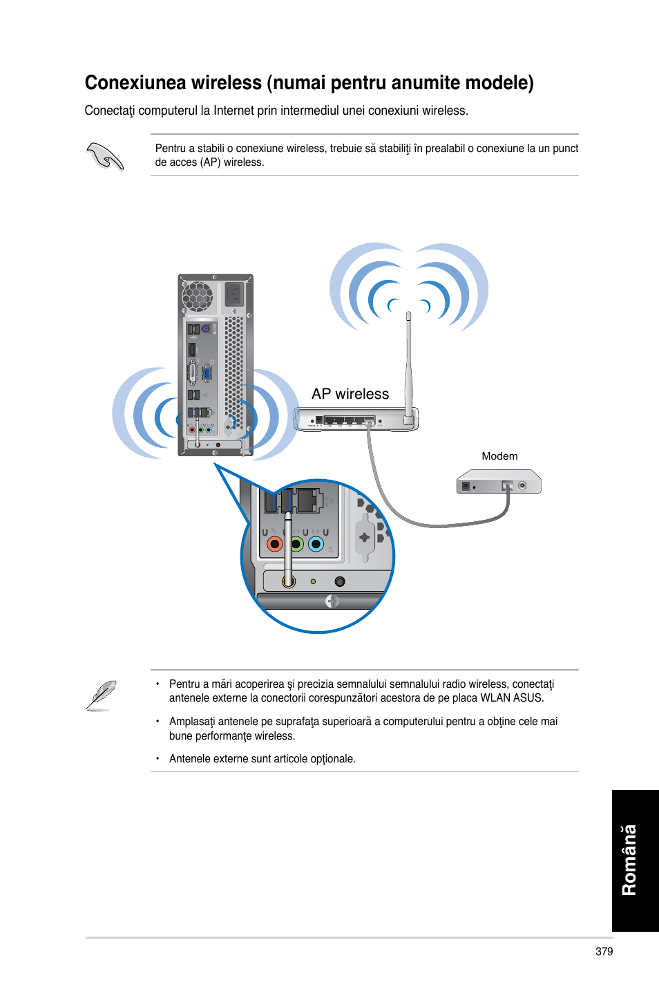 Conexiunea wireless (numai pentru anumite modele), Română | Asus CP3130 User Manual | Page 381 / 478