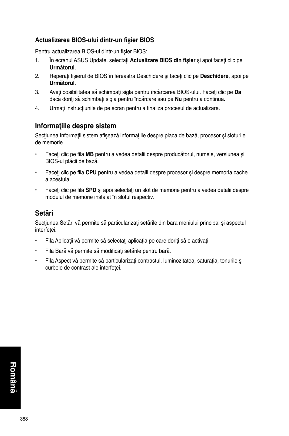 Română, Informaţiile despre sistem, Setări | Asus CP3130 User Manual | Page 390 / 478