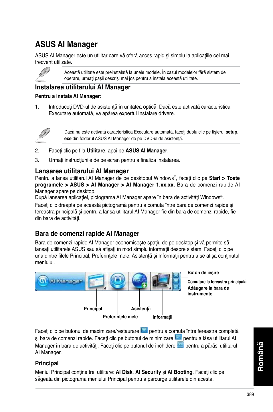 Asus ai manager, Română, Instalarea utilitarului ai manager | Lansarea utilitarului ai manager, Bara de comenzi rapide ai manager | Asus CP3130 User Manual | Page 391 / 478