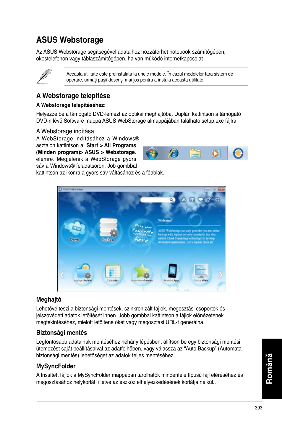 Asus webstorage, Română, A webstorage telepítése | Asus CP3130 User Manual | Page 395 / 478