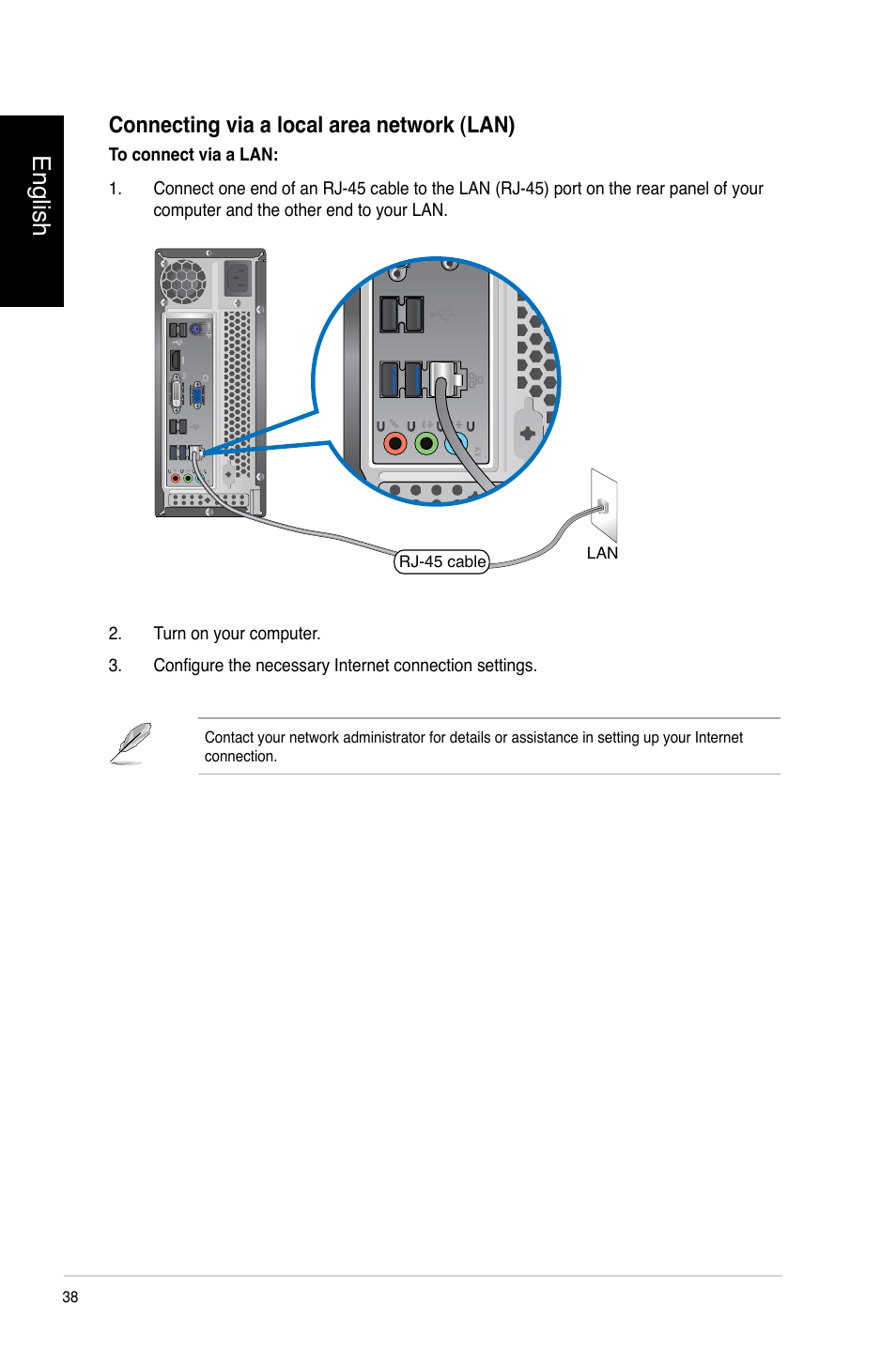 English, Connecting via a local area network (lan) | Asus CP3130 User Manual | Page 40 / 478