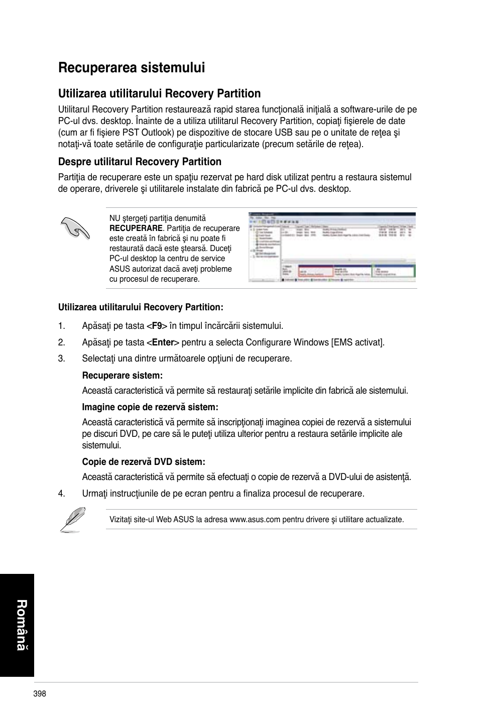 Recuperarea sistemului, Română, Utilizarea utilitarului recovery partition | Asus CP3130 User Manual | Page 400 / 478