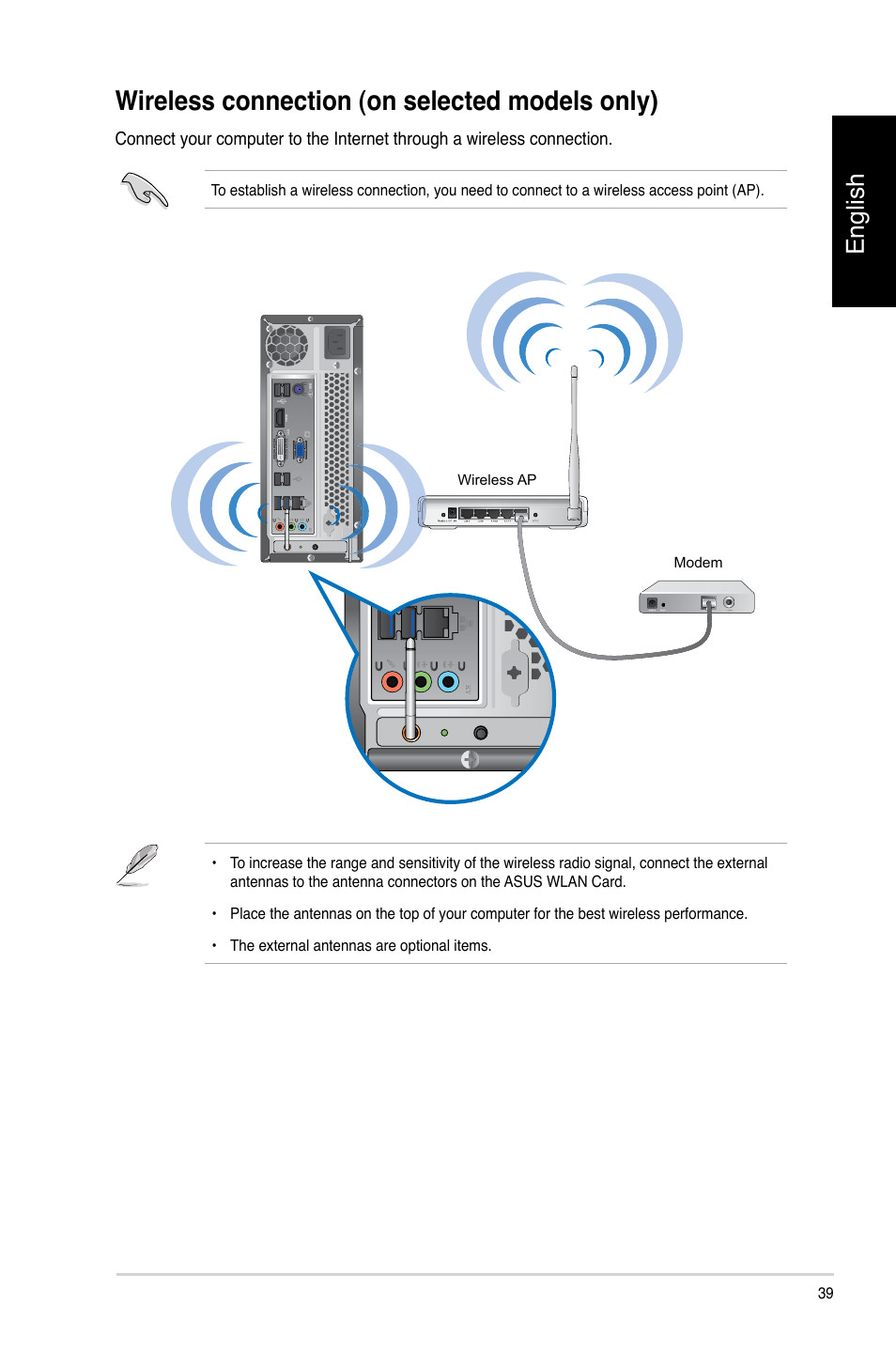 Wireless connection (on selected models only), English | Asus CP3130 User Manual | Page 41 / 478