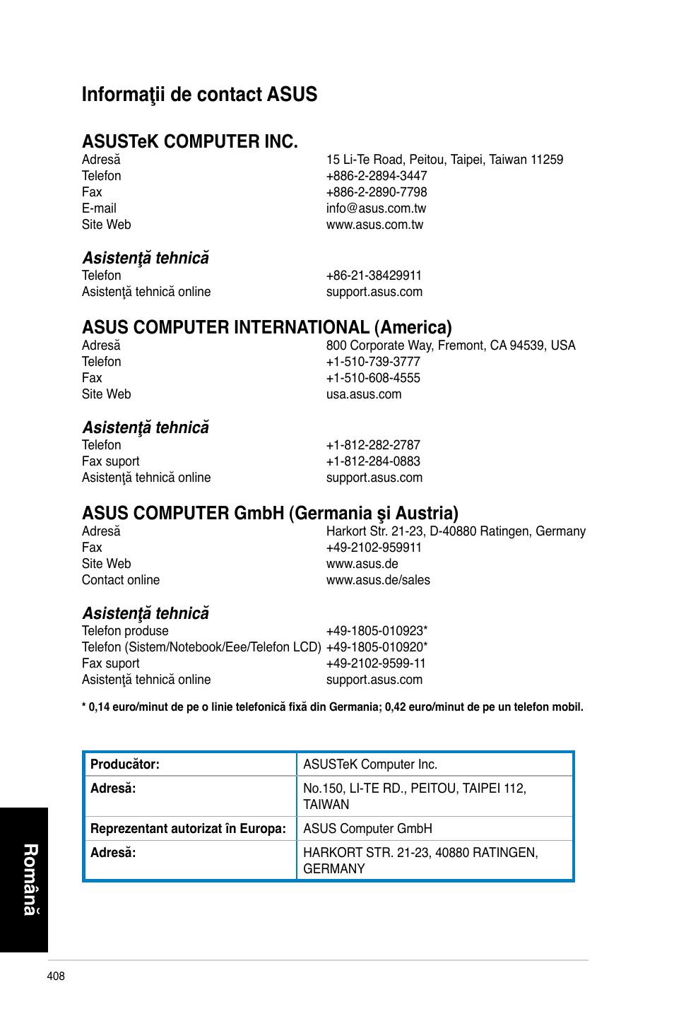 Informaţii de contact asus, Română, Asustek computer inc | Asus computer international (america), Asus computer gmbh (germania şi austria), Asistenţă tehnică | Asus CP3130 User Manual | Page 410 / 478