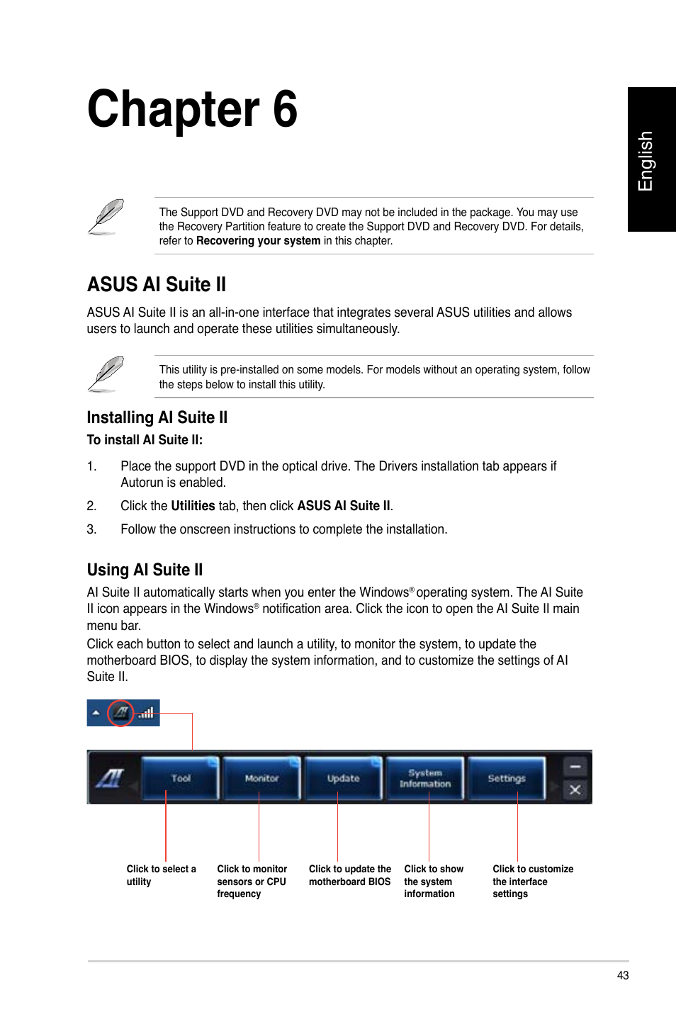 Chapter 6, Using the utilities, Asus ai suite ii | English, Installing ai suite ii, Using ai suite ii | Asus CP3130 User Manual | Page 45 / 478