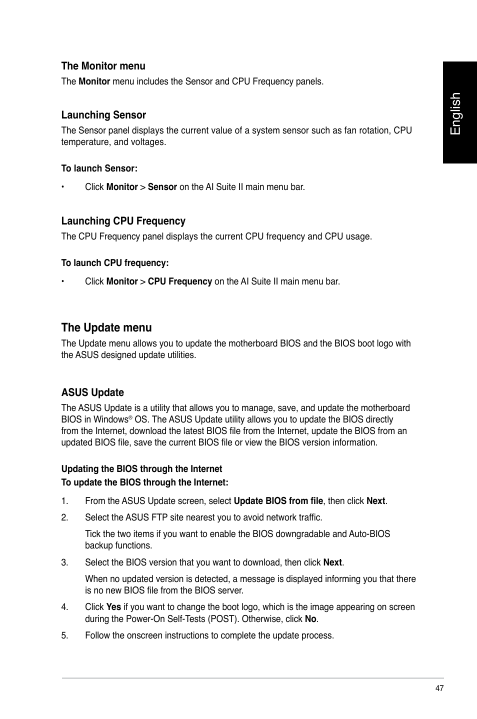 English, The update menu | Asus CP3130 User Manual | Page 49 / 478