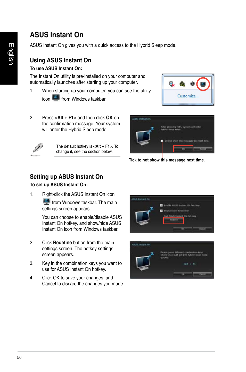 Asus instant on, English, Using asus instant on | Setting up asus instant on | Asus CP3130 User Manual | Page 58 / 478