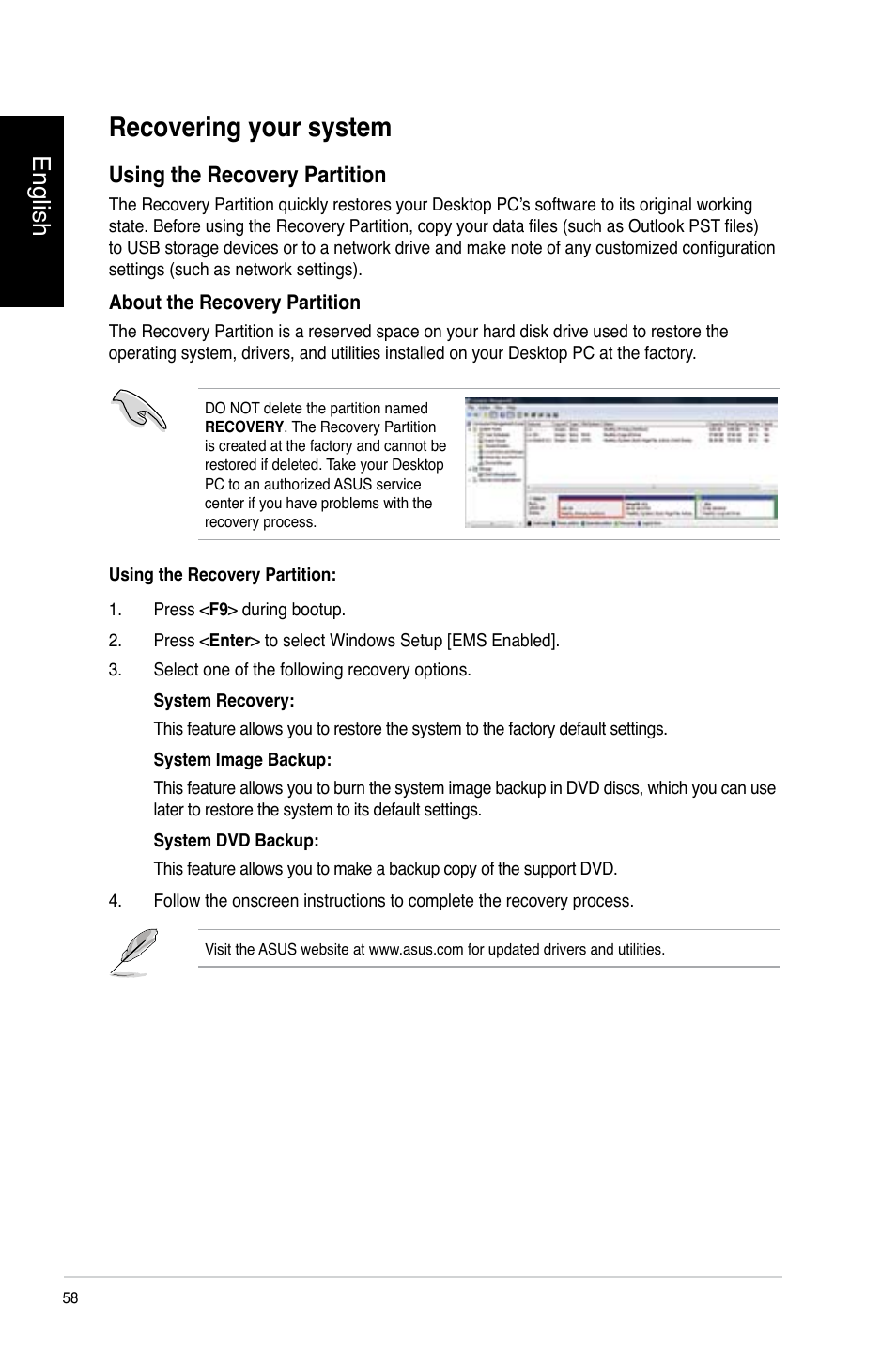 Recovering your system, English, Using the recovery partition | Asus CP3130 User Manual | Page 60 / 478