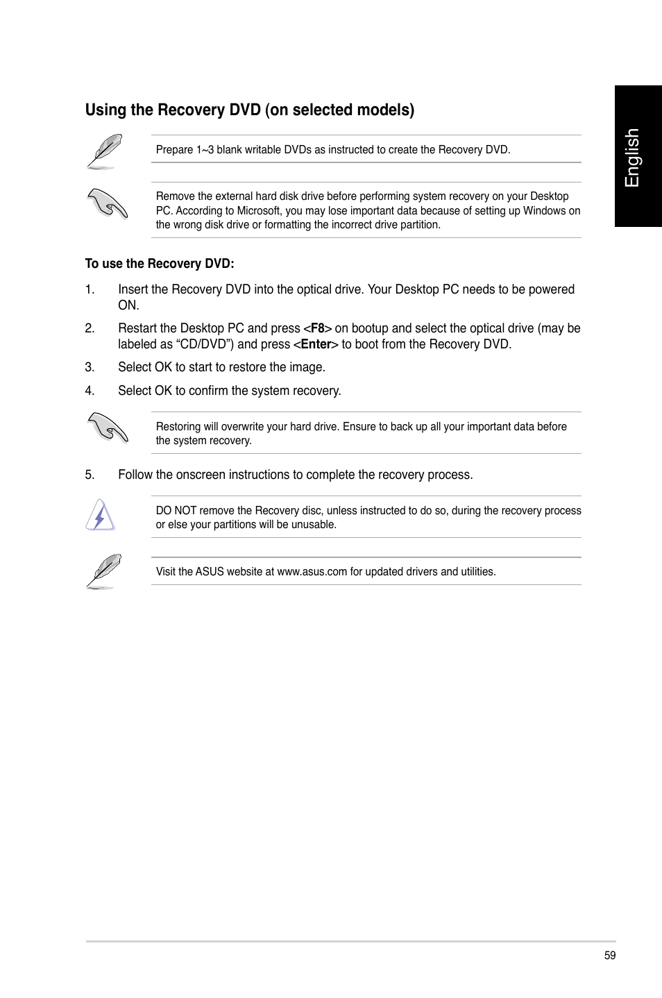 English, Using the recovery dvd (on selected models) | Asus CP3130 User Manual | Page 61 / 478