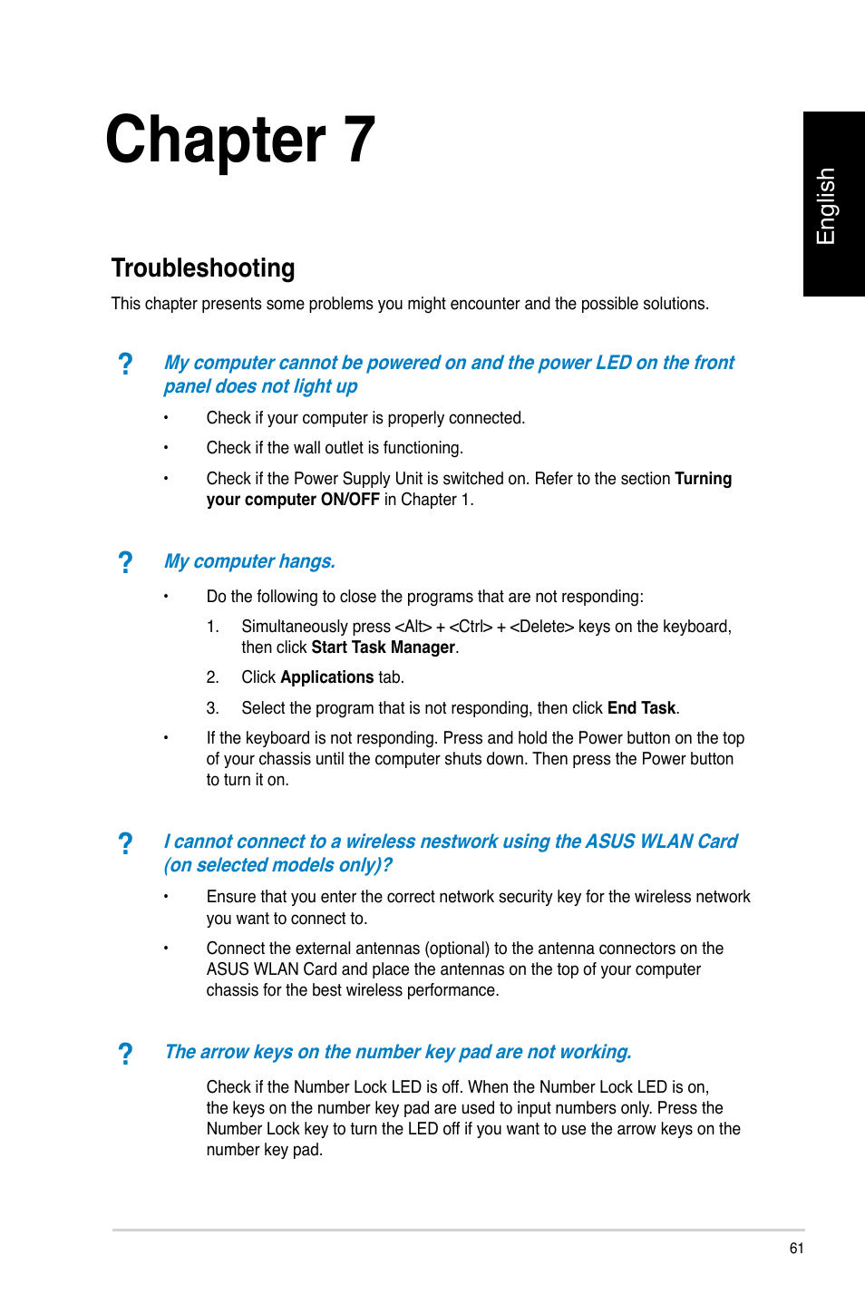 Chapter 7, Troubleshooting, English | Asus CP3130 User Manual | Page 63 / 478