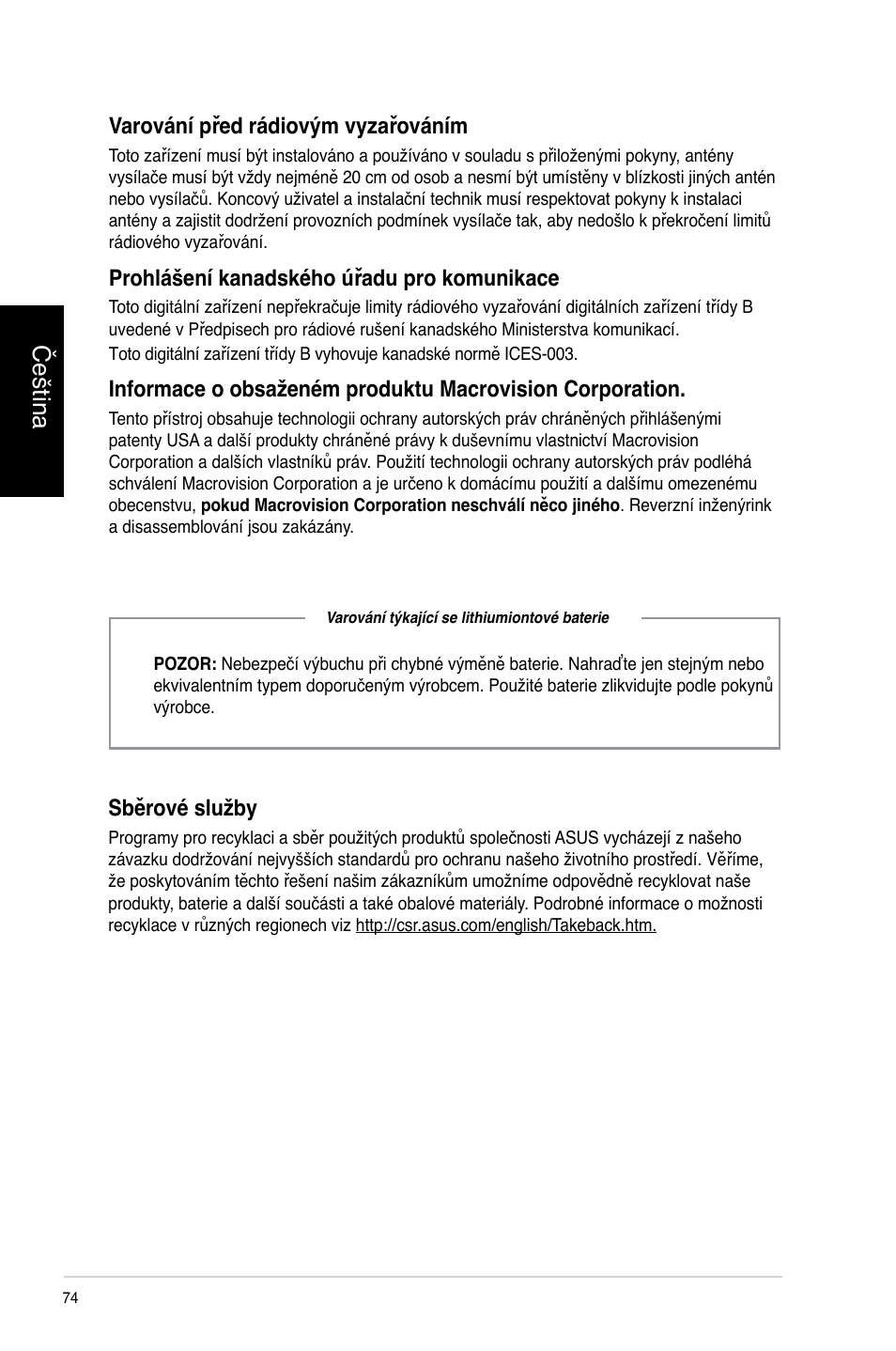 Čeština, Sběrové služby, Varování před rádiovým vyzařováním | Prohlášení kanadského úřadu pro komunikace | Asus CP3130 User Manual | Page 76 / 478