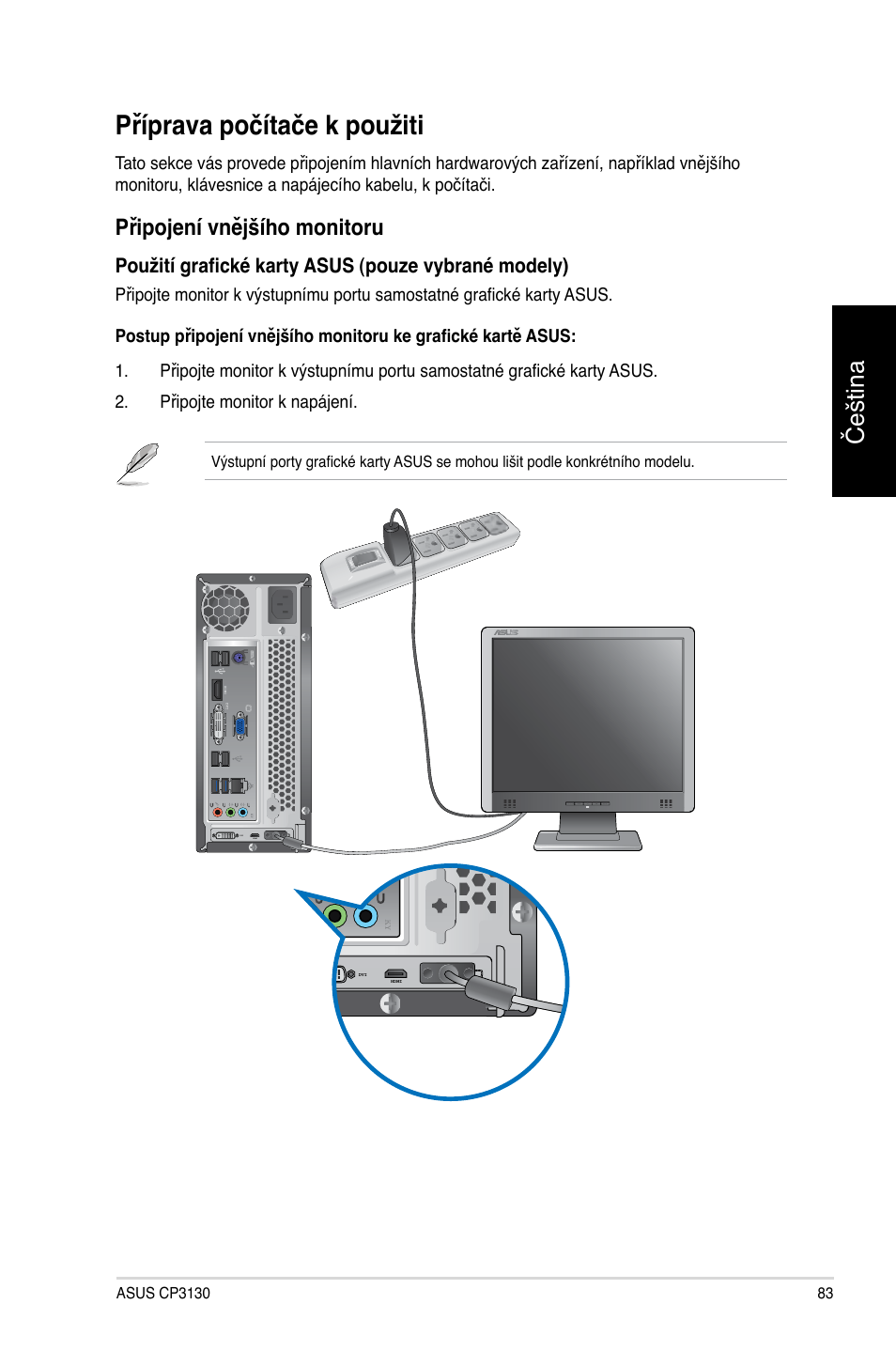 Příprava počítače k použiti, Čeština, Připojení vnějšího monitoru | Asus CP3130 User Manual | Page 85 / 478