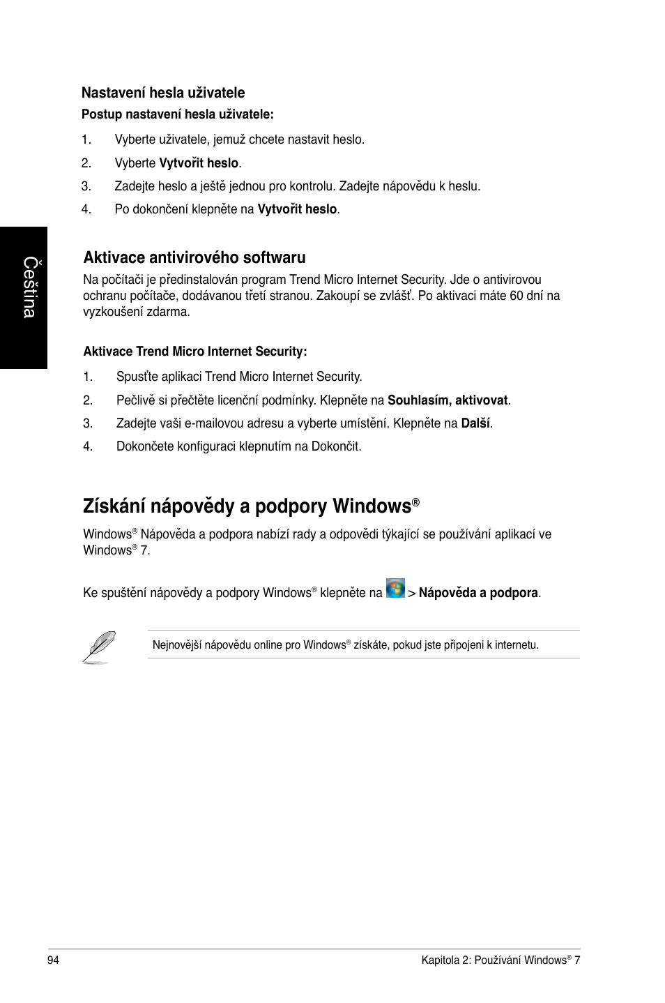 Získání nápovědy a podpory windows, Čeština, Aktivace antivirového softwaru | Asus CP3130 User Manual | Page 96 / 478