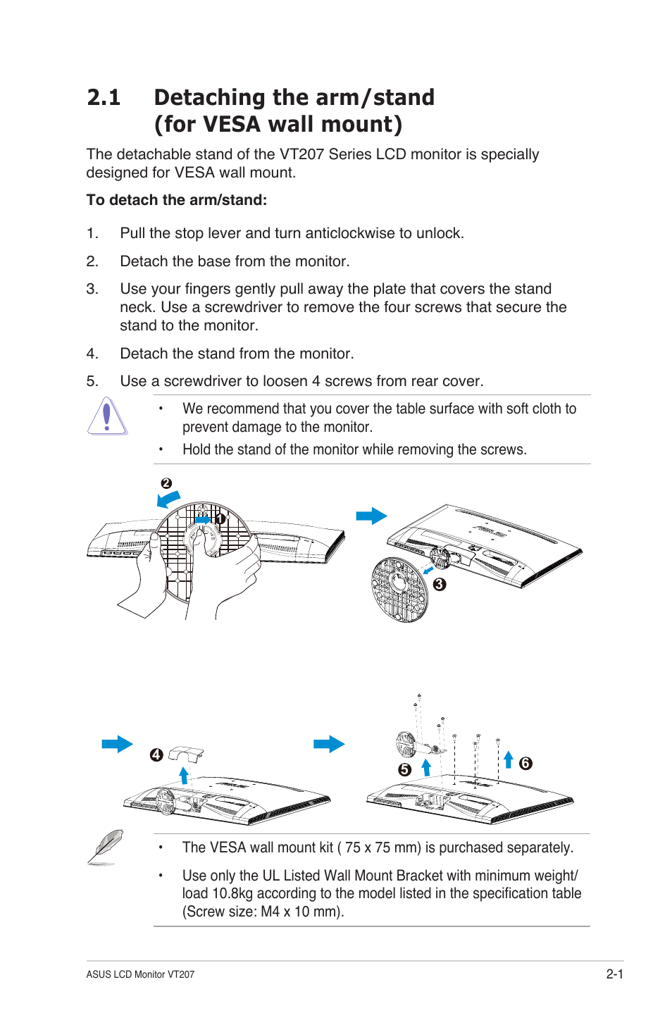 Detaching the arm/stand, For vesa wall mount) -1, 1 detaching the arm/stand (for vesa wall mount) | Asus VT207N User Manual | Page 13 / 27