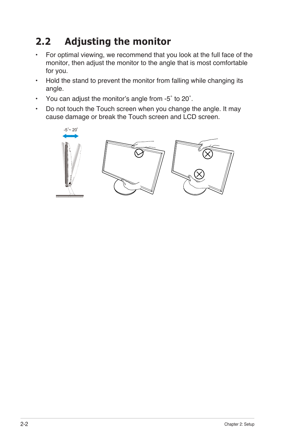 Adjusting the monitor -2, 2 adjusting the monitor | Asus VT207N User Manual | Page 14 / 27