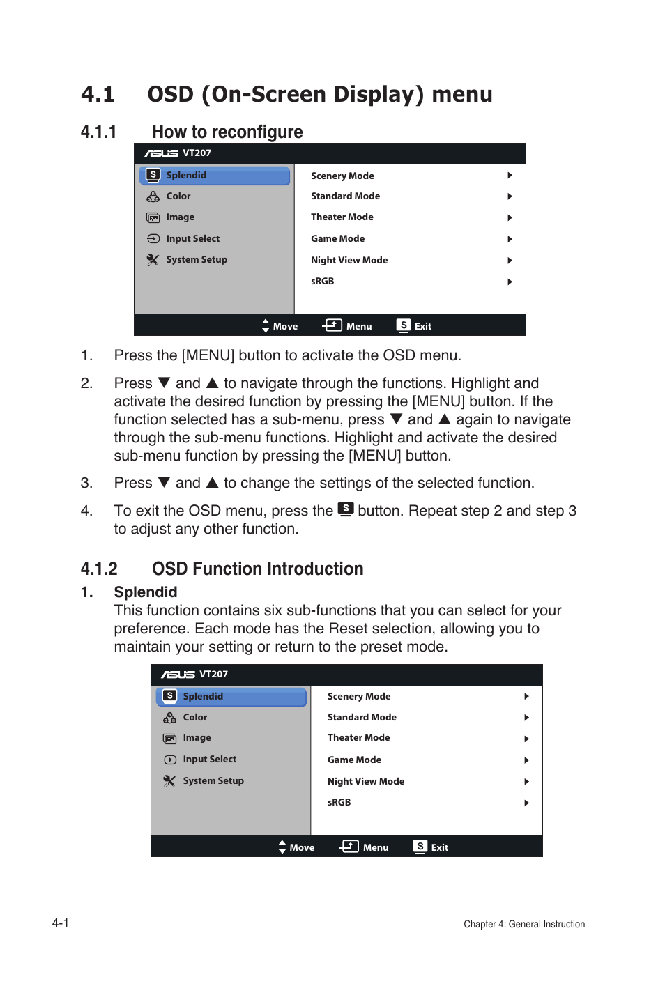 Osd (on-screen display) menu -1 4.1.1, How to reconfigure -1, Osd function introduction -1 | 1 osd (on-screen display) menu, 1 how to reconfigure, 2 osd function introduction | Asus VT207N User Manual | Page 20 / 27