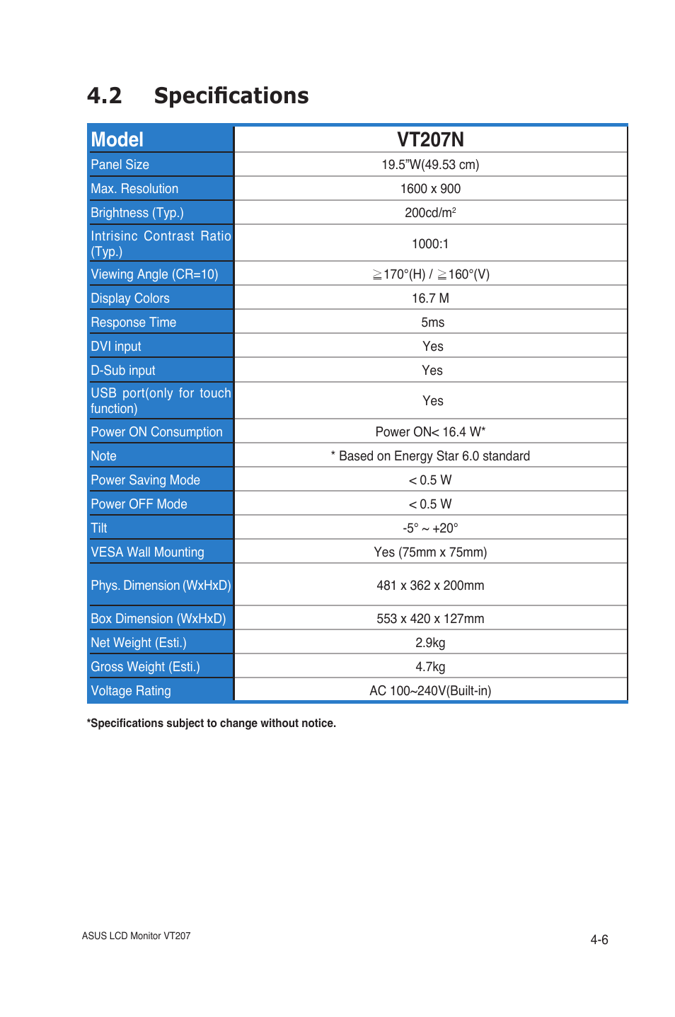 Specifications -6, 2 specifications, Model vt207n | Asus VT207N User Manual | Page 25 / 27