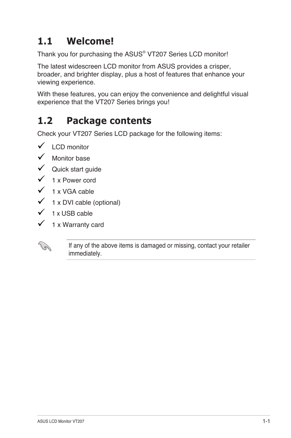 1 welcome! -1 1.2, Package contents -1, 1 welcome | 2 package contents | Asus VT207N User Manual | Page 7 / 27