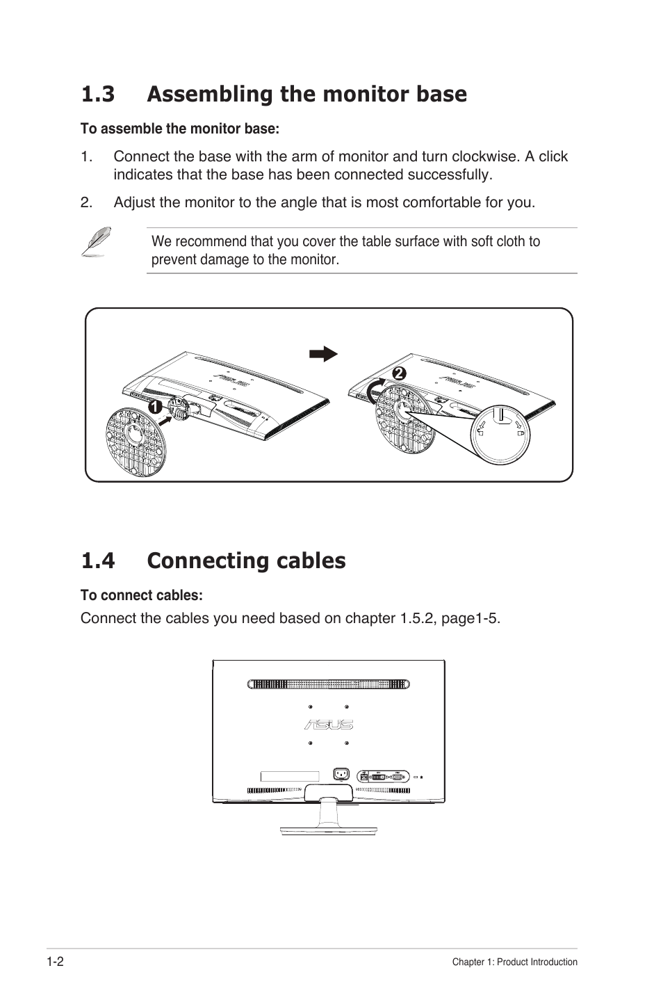 Assembling the monitor base -2, Connecting cables -2, 3 assembling the monitor base | 4 connecting cables | Asus VT207N User Manual | Page 8 / 27