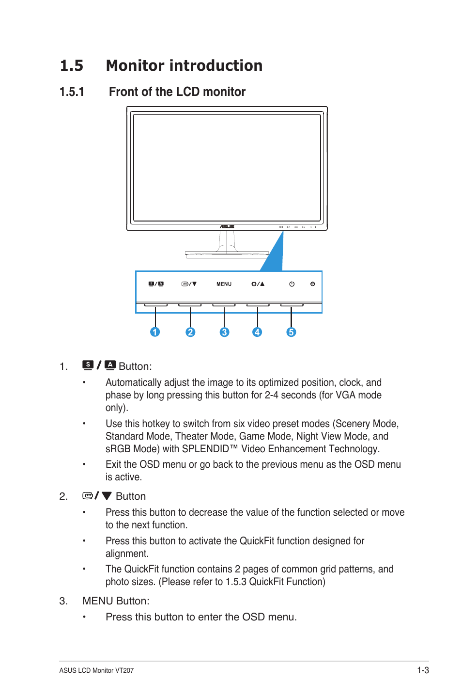 Monitor introduction -3 1.5.1, Front of the lcd monitor -3, 5 monitor introduction | 1 front of the lcd monitor | Asus VT207N User Manual | Page 9 / 27