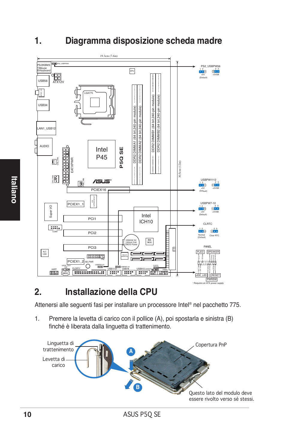 Italiano, Asus p5q se, Intel p45 | Ab b, Intel ich10, P5q se | Asus P5Q SE/R User Manual | Page 10 / 50