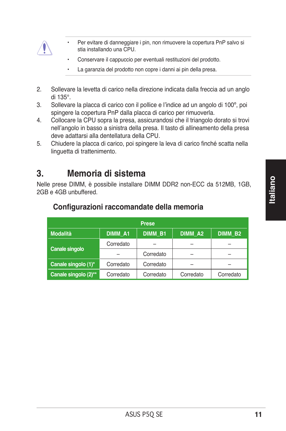 Italiano | Asus P5Q SE/R User Manual | Page 11 / 50