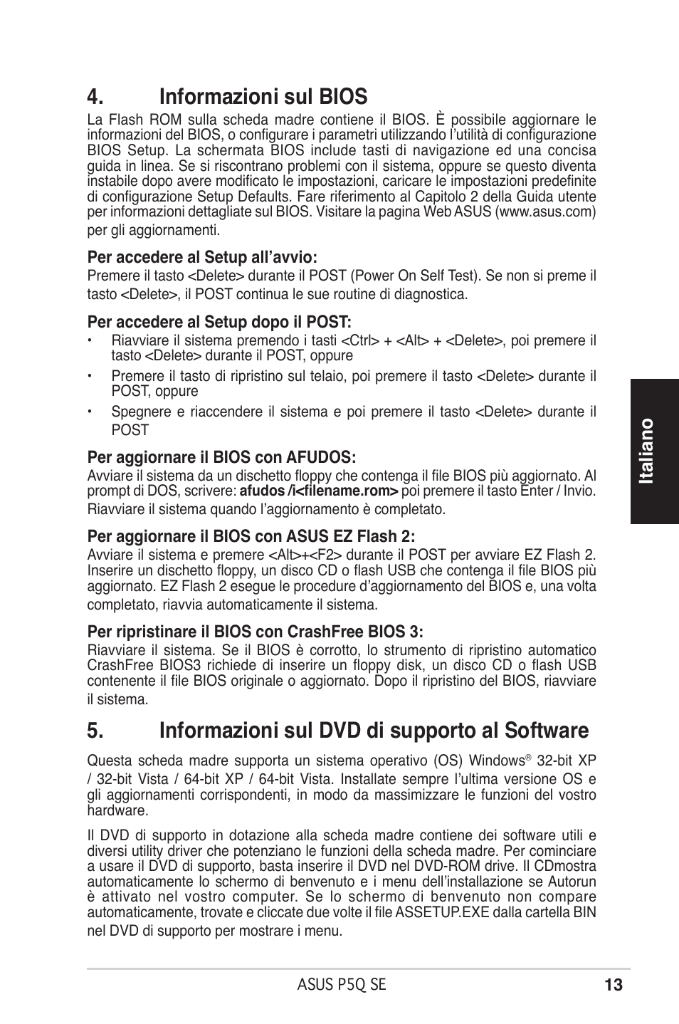 Informazioni sul bios, Informazioni sul dvd di supporto al software, Italiano | Asus P5Q SE/R User Manual | Page 13 / 50