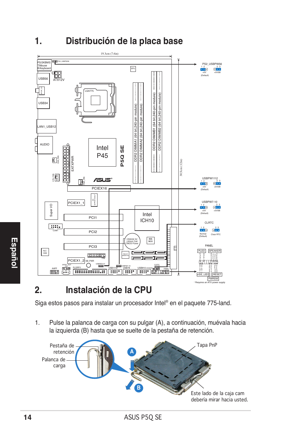 Español, Asus p5q se, Siga estos pasos para instalar un procesador intel | Intel p45, Ab b, Intel ich10, P5q se | Asus P5Q SE/R User Manual | Page 14 / 50
