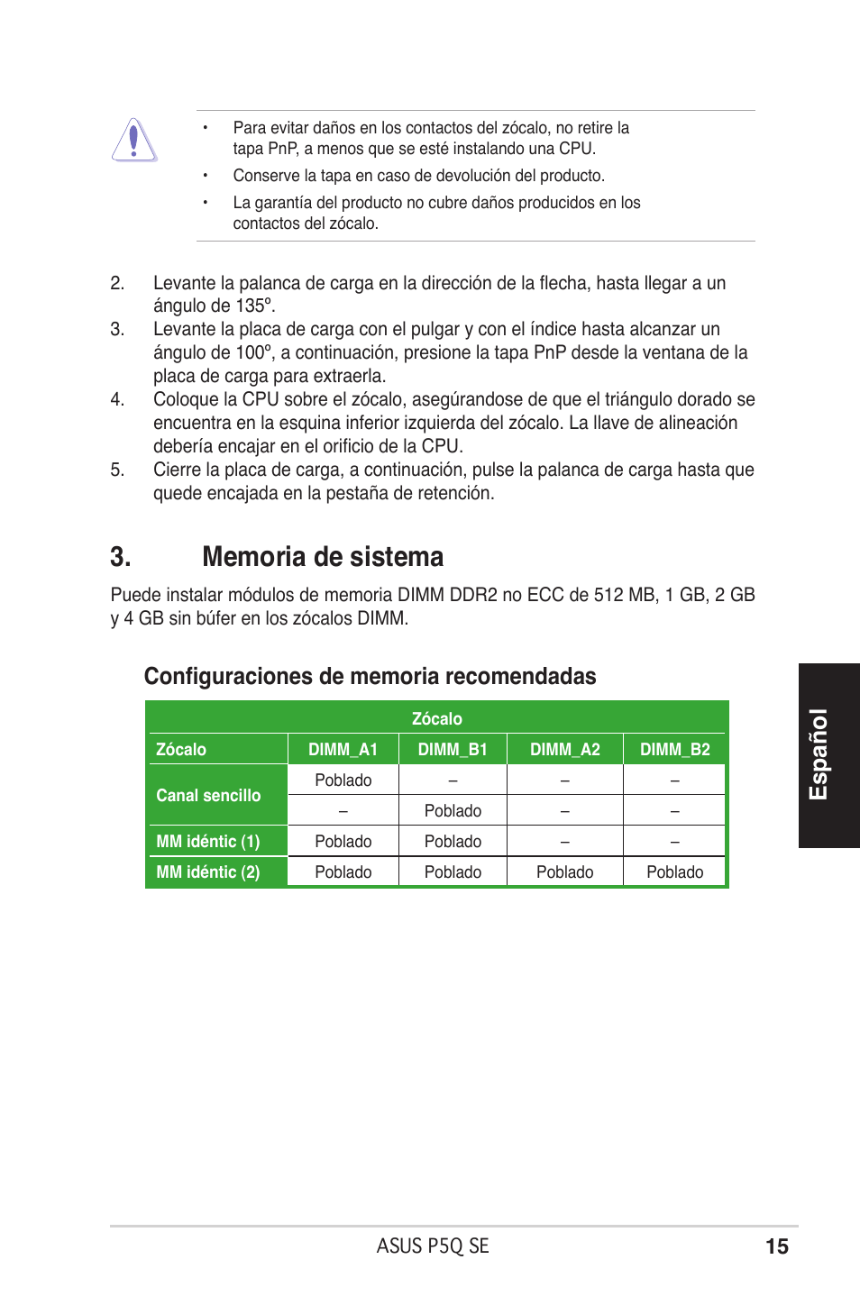 Español | Asus P5Q SE/R User Manual | Page 15 / 50