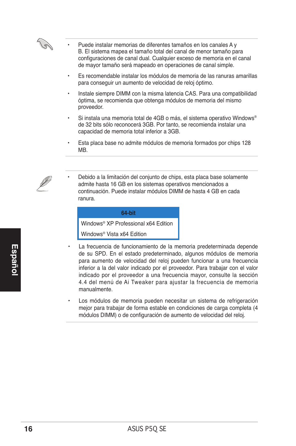Español | Asus P5Q SE/R User Manual | Page 16 / 50