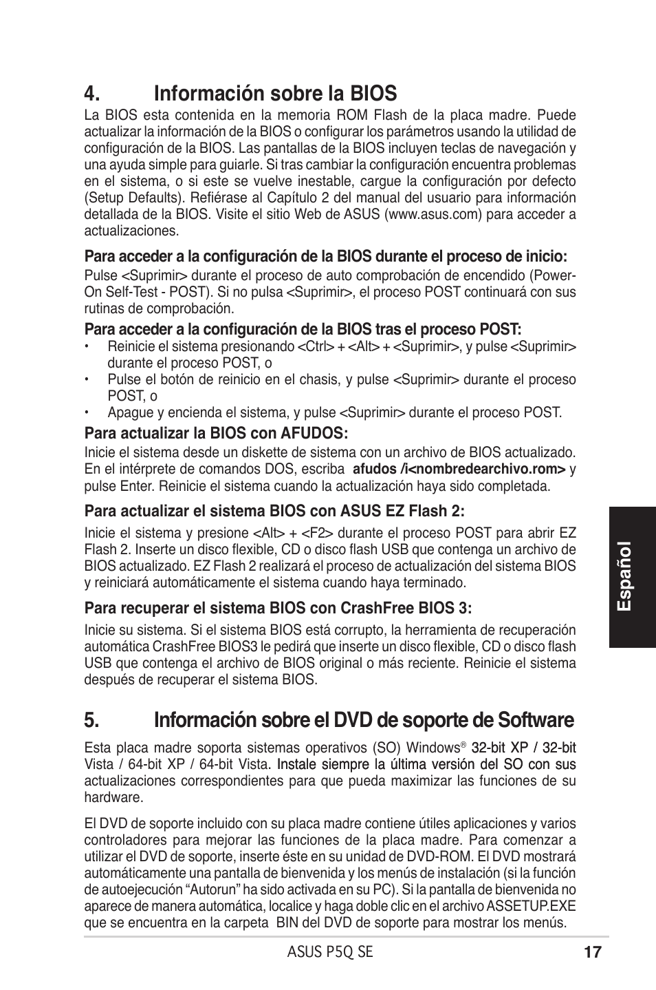 Información sobre la bios, Información sobre el dvd de soporte de software, Español | Asus P5Q SE/R User Manual | Page 17 / 50