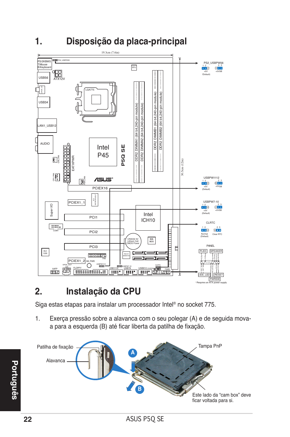 Disposição da placa-principal 2. instalação da cpu, Português, Asus p5q se | Intel p45, Ab b, Intel ich10, P5q se | Asus P5Q SE/R User Manual | Page 22 / 50