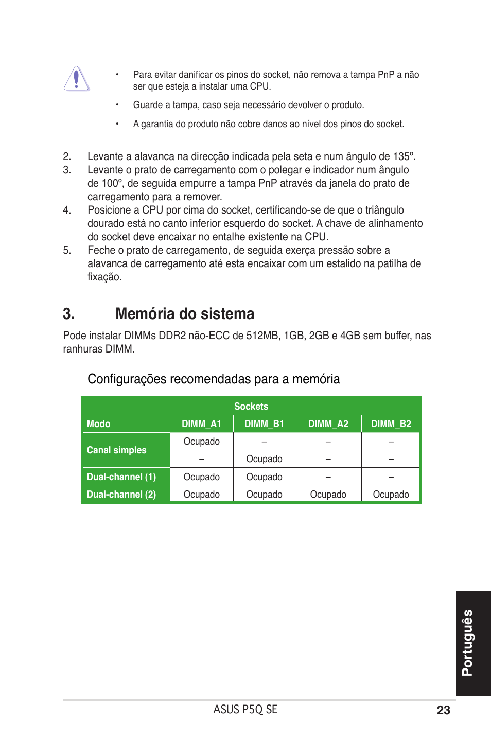 Memória do sistema, Português, Configurações recomendadas para a memória | Asus P5Q SE/R User Manual | Page 23 / 50