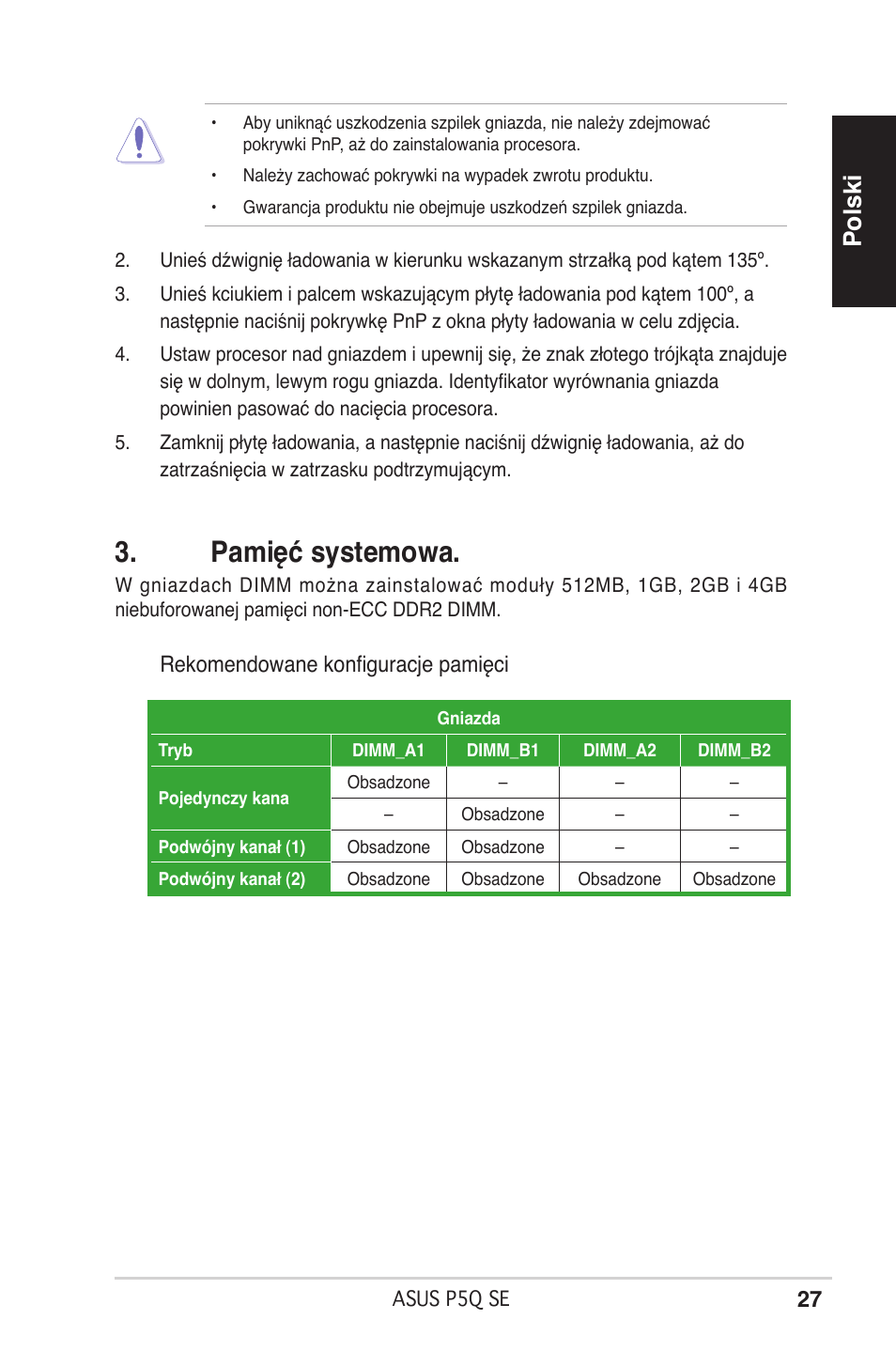 Pamięć systemowa, Polski, Rekomendowane konfiguracje pamięci | Asus P5Q SE/R User Manual | Page 27 / 50