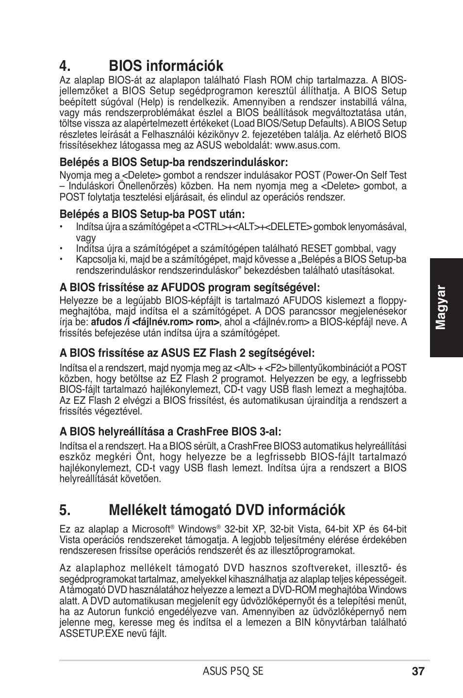 Bios információk, Mellékelt támogató dvd információk, Magyar | Asus P5Q SE/R User Manual | Page 37 / 50