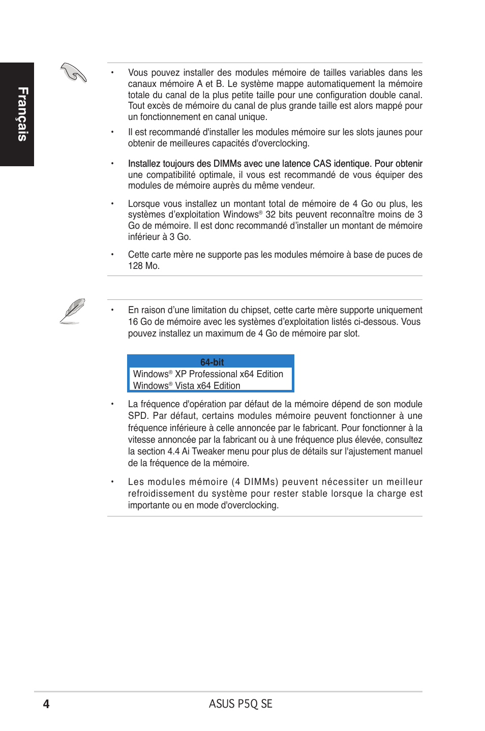 Français | Asus P5Q SE/R User Manual | Page 4 / 50