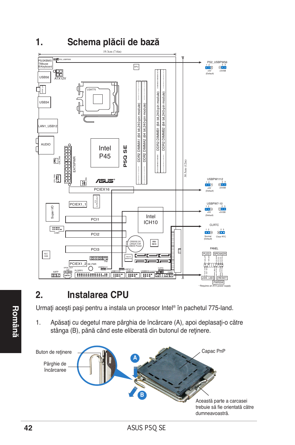 Schema plăcii de bază 2. instalarea cpu, Română, Asus p5q se | Intel p45, Ab b, Intel ich10, P5q se | Asus P5Q SE/R User Manual | Page 42 / 50