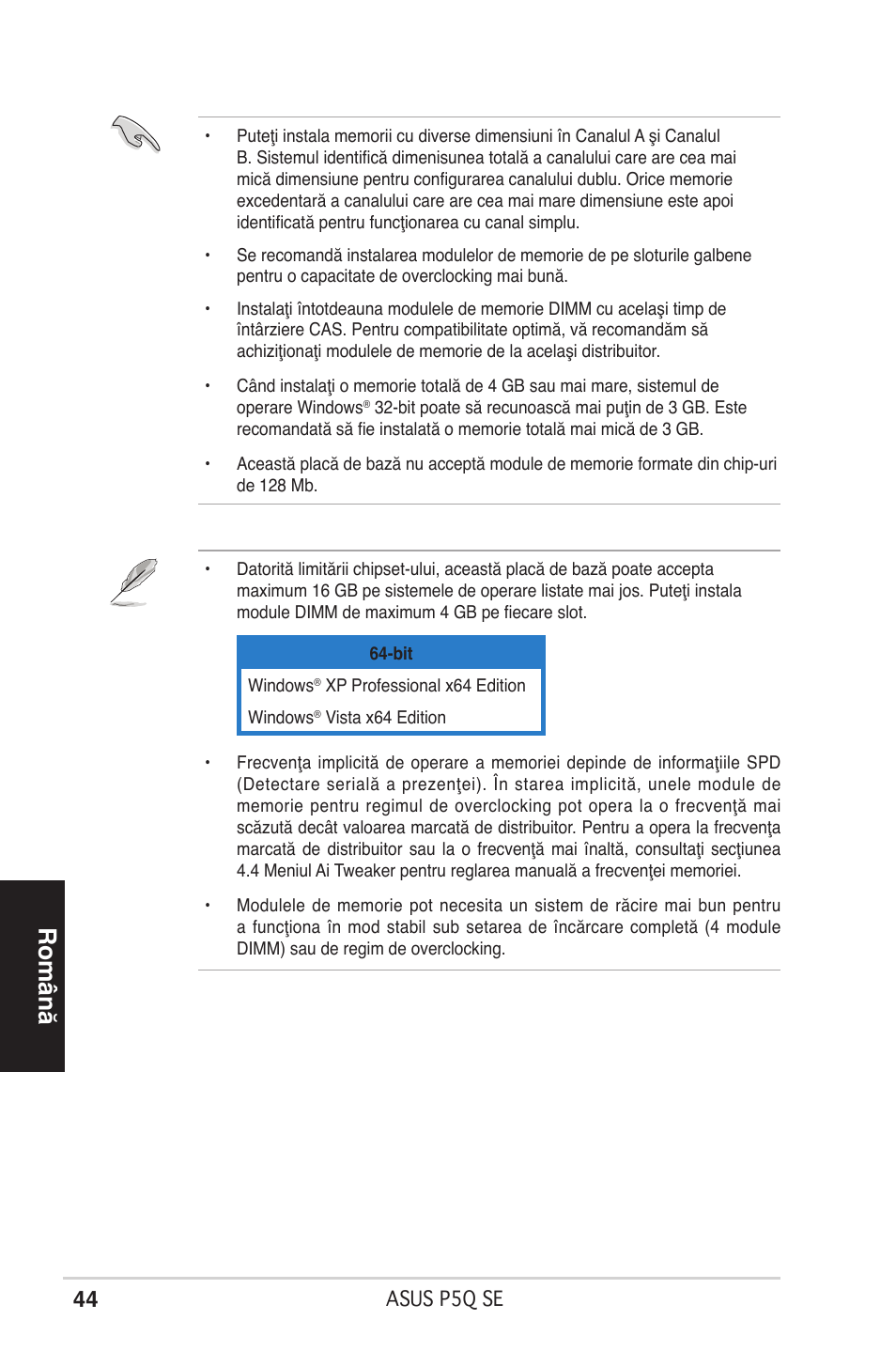 Română | Asus P5Q SE/R User Manual | Page 44 / 50