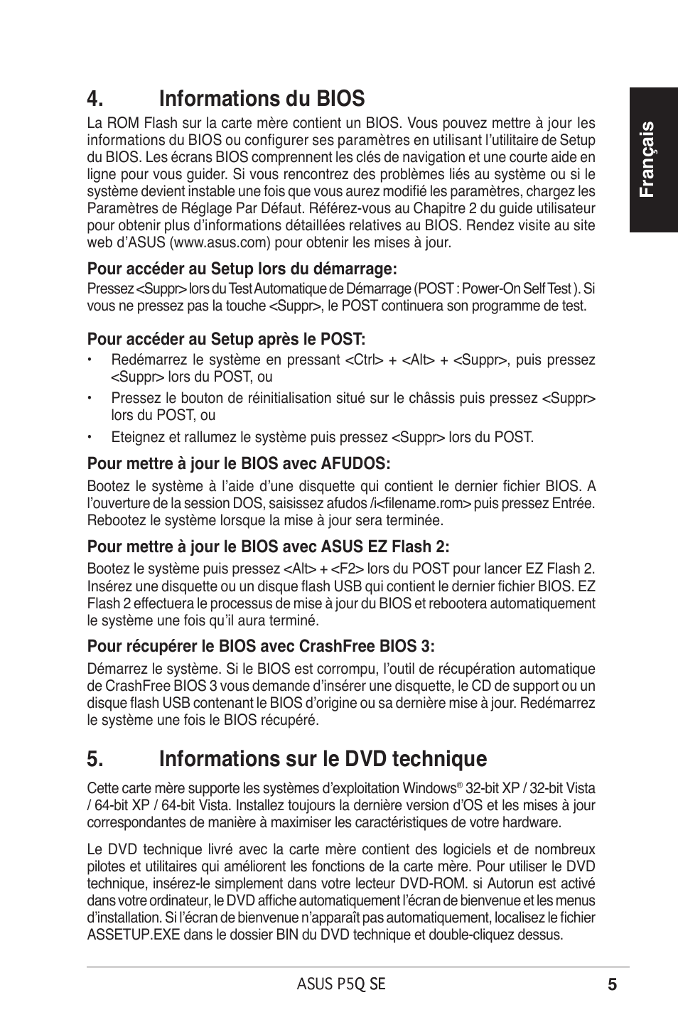 Informations du bios, Informations sur le dvd technique, Français | Asus P5Q SE/R User Manual | Page 5 / 50