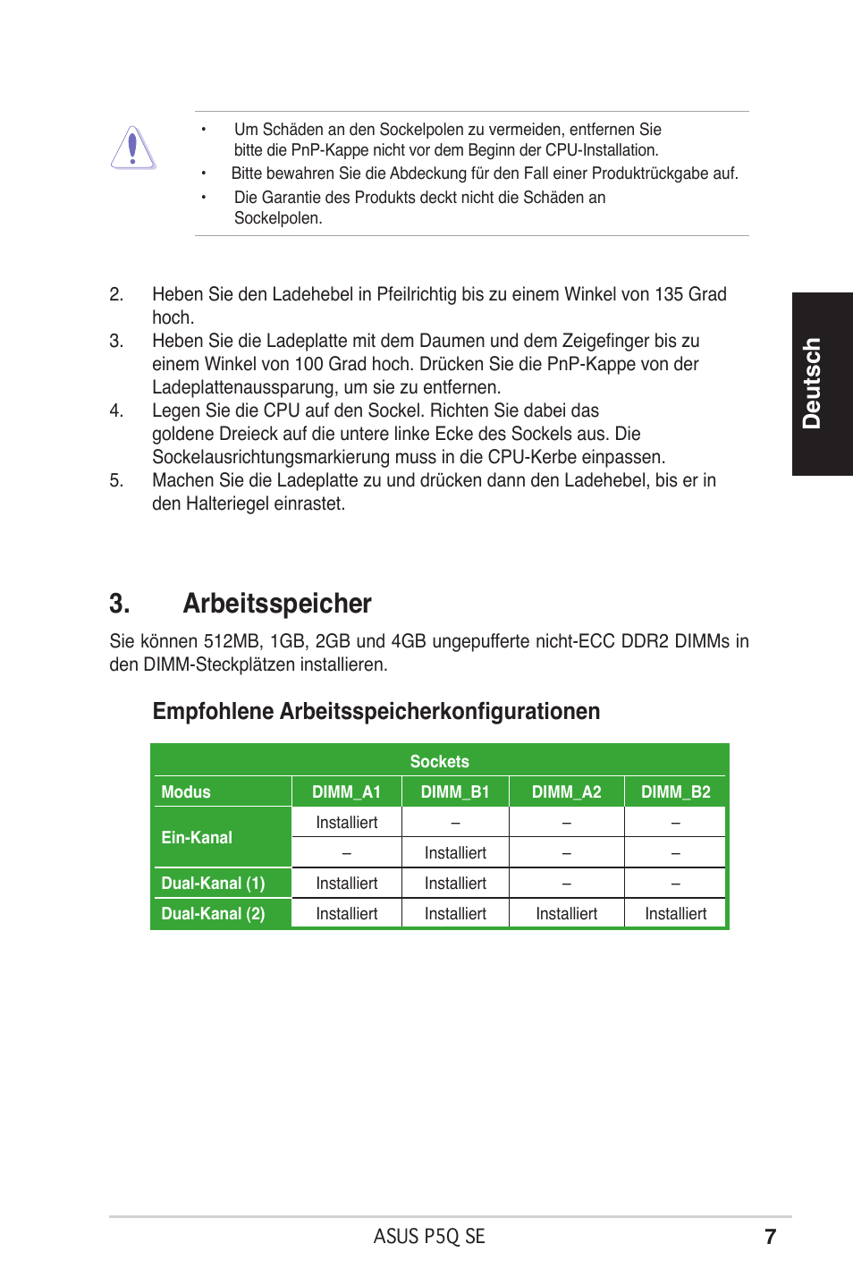 Arbeitsspeicher, Deutsch, Empfohlene arbeitsspeicherkonfigurationen | Asus P5Q SE/R User Manual | Page 7 / 50